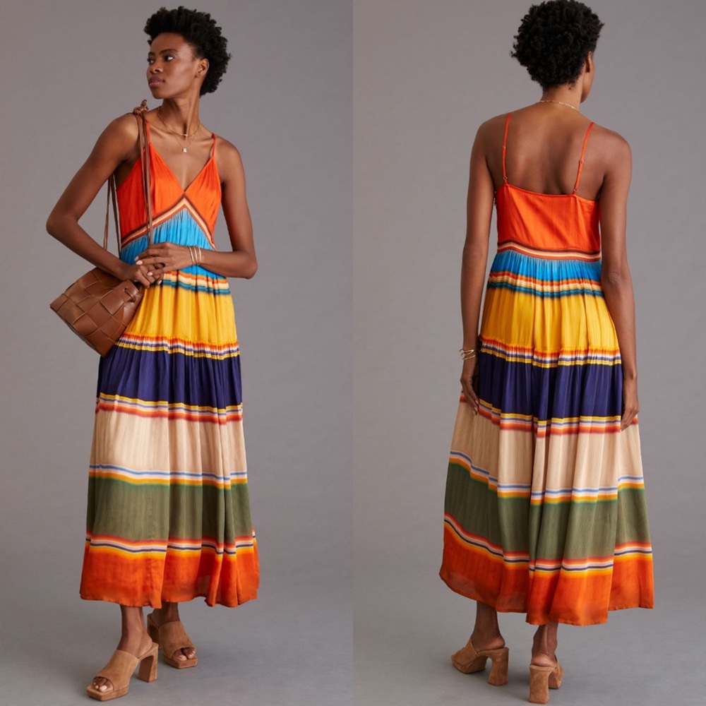 NWT Anthropologie Tanvi Kedia V-Neck Silky Colorblock Midi Dress size S